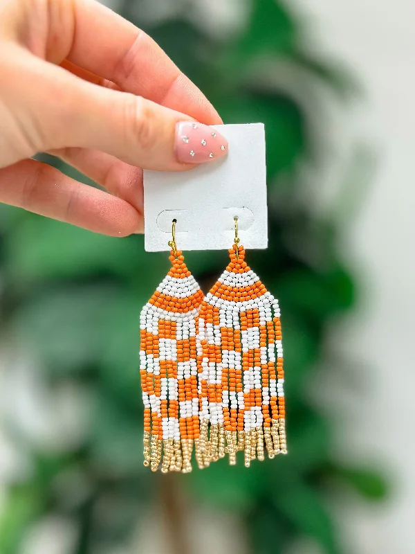 Best hoop earrings with Swarovski crystals for added sparkle and luxury-Game Day Seed Bead Fringe Dangle Earrings - Orange & White