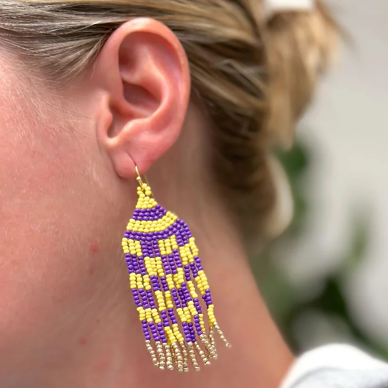 Stylish hoop earrings with diamond accents for an elegant and sparkling effect-Game Day Seed Bead Fringe Dangle Earrings - Purple & Yellow