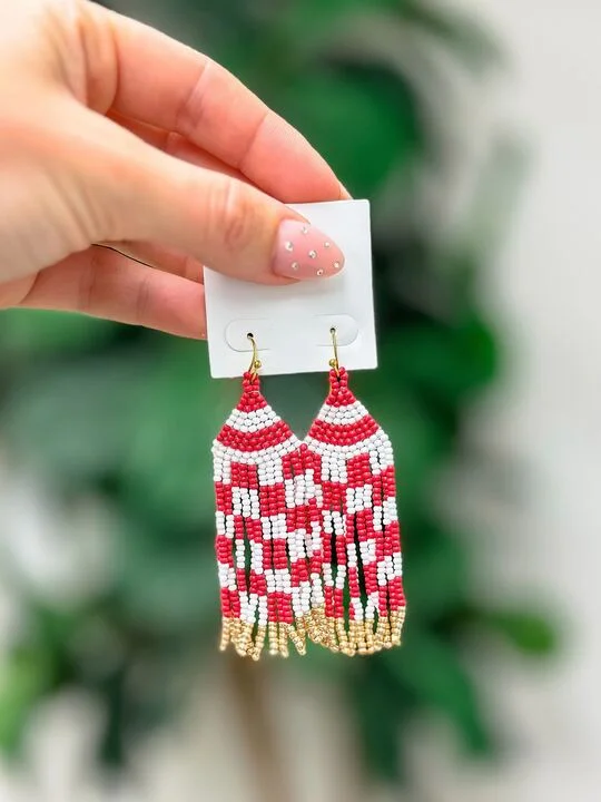 Best hoop earrings with sterling silver for an affordable and chic design-Game Day Seed Bead Fringe Dangle Earrings - Red & White