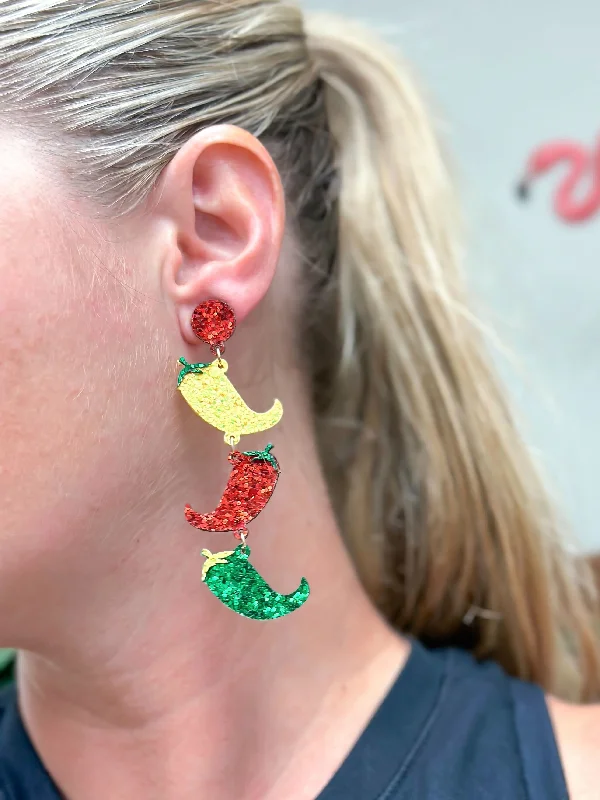 Best hoop earrings with hammered gold for a rustic yet elegant look-Glitter Chili Pepper Dangle Earrings