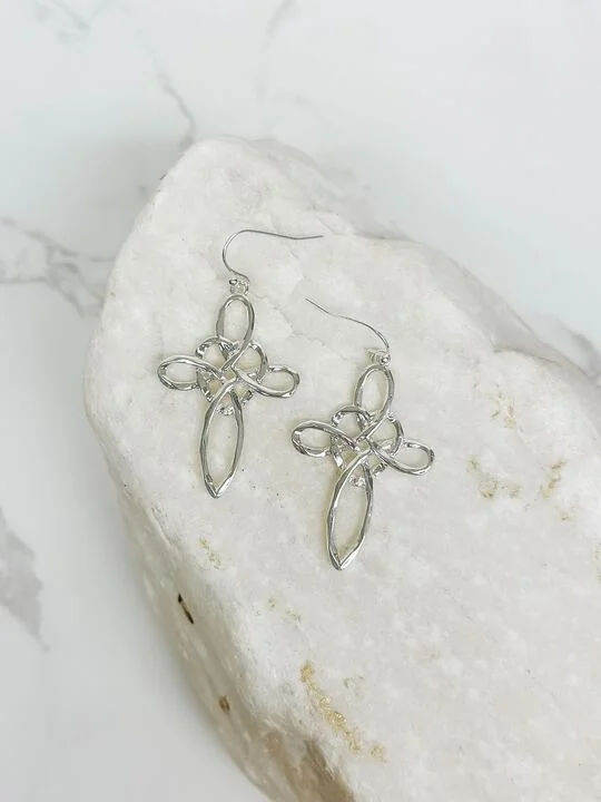 Hoop earrings with oversized designs for a bold, fashion-forward statement-Heart Cross Dangle Earrings - Silver