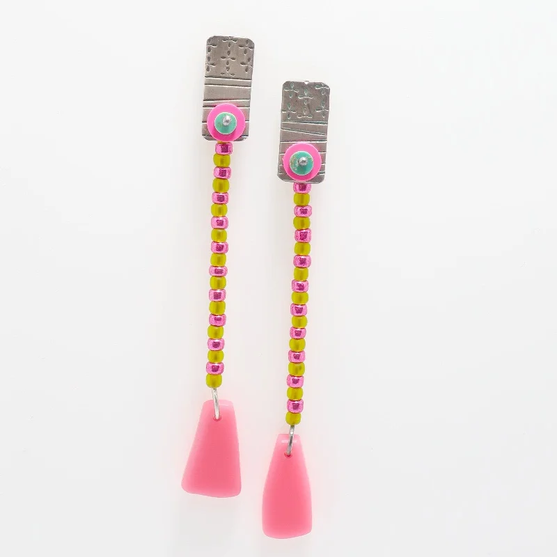 Best hoop earrings with textured silver for a rustic and organic finish-Pink Plexiglass Earrings with Sterling Silver and Beads