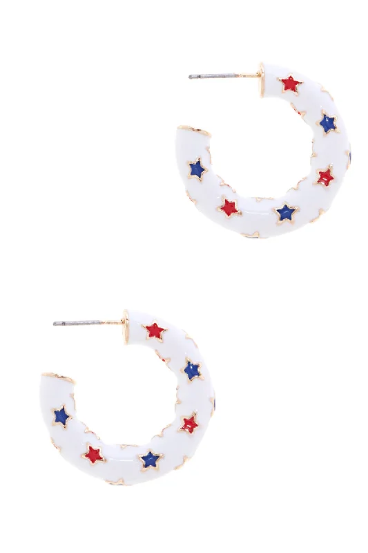 Best hoop earrings with floral designs for a feminine and delicate look-Red, White, & Blue Enamel Star Hoop Earrings