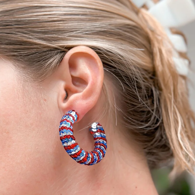 Best hoop earrings with crescent-shaped designs for a bold, moon-inspired style-Patriotic Sequin Hoop Earrings